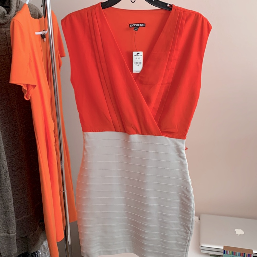 Bodycon orange and beige dress. Express - size small. NEW WITH TAG. Never worn!